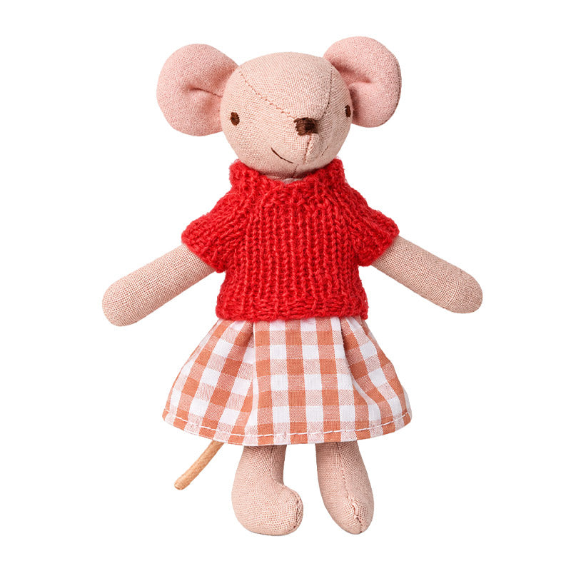 Christmas Girl Mouse Doll in a red knit sweater and gingham skirt, bringing handmade charm to a cozy holiday dollhouse.