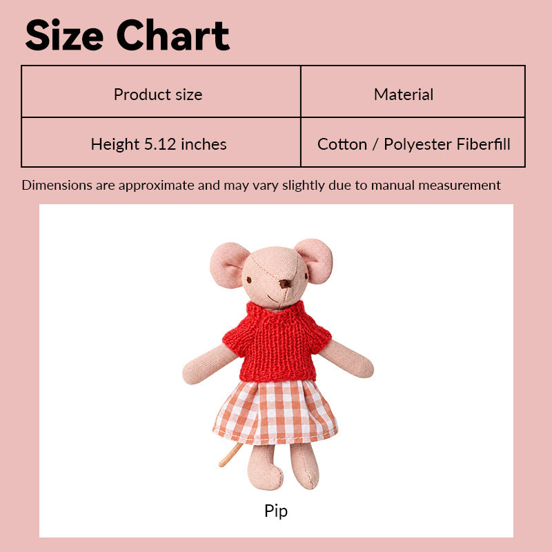 Christmas girl mouse doll size chart showing Pip's festive look in 1:12 scale
