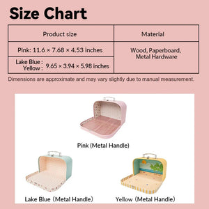 1:12 scale dollhouse suitcase size guide showing dimensions, materials, and available pink blue yellow styles