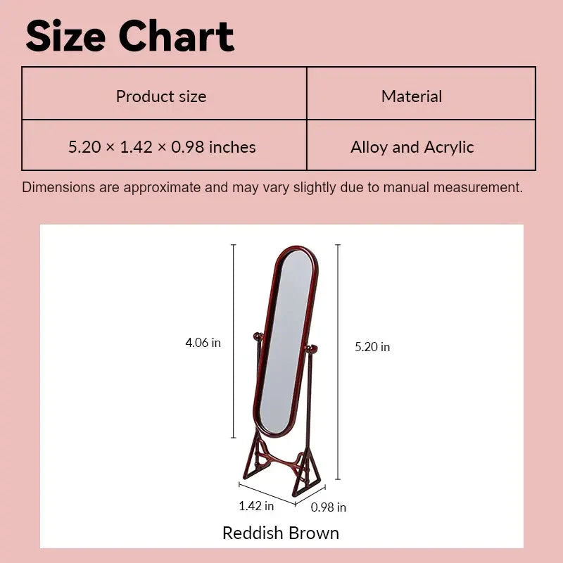 dollhouse mirror size chart showing vintage reddish-brown cheval style in 1:12 scale