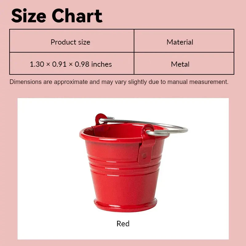 Dollhouse bucket size chart showing red metal style in 1:12 scale