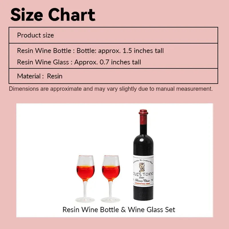 Size chart image showing measurements of a miniature wine bottle and two wine glasses for a 1:12 scale dollhouse scene