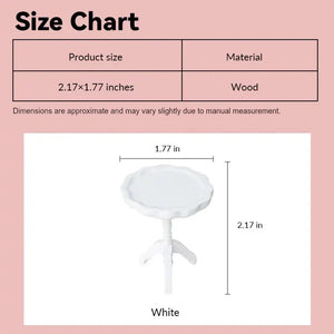 miniature side table size chart showing white wood pedestal design in 1:12 scale