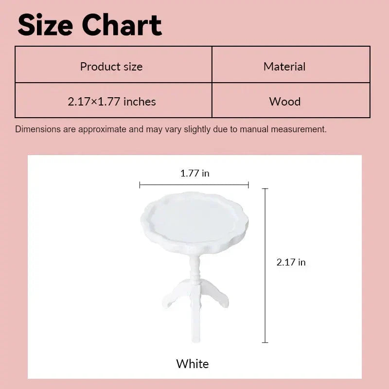 miniature side table size chart showing white wood pedestal design in 1:12 scale