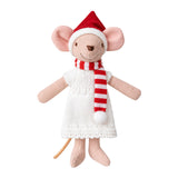 Christmas Mother Mouse Doll in a white knit dress, Santa hat, and striped scarf, bringing handmade warmth to holiday decor.