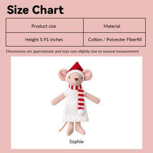 Christmas mother mouse doll size chart showing Sophie in festive clothing at 1:12 scale