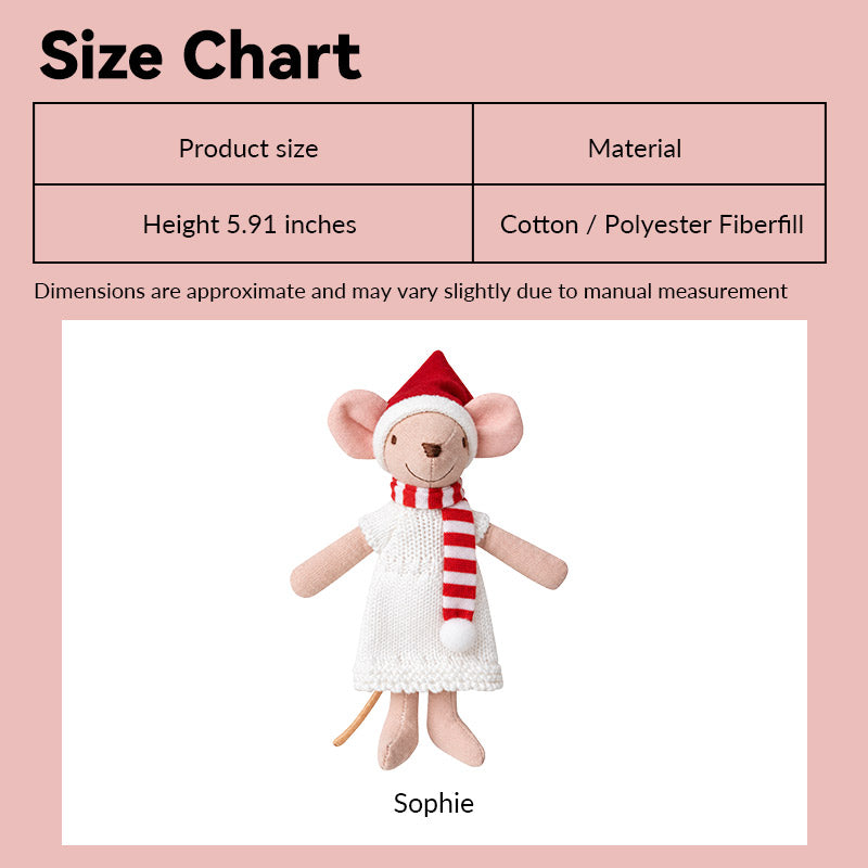 Christmas mother mouse doll size chart showing Sophie in festive clothing at 1:12 scale