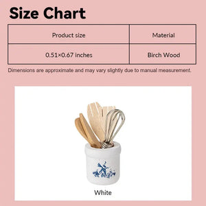 Dollhouse kitchen utensils size chart showing white birch wood holder in 1:12 scale