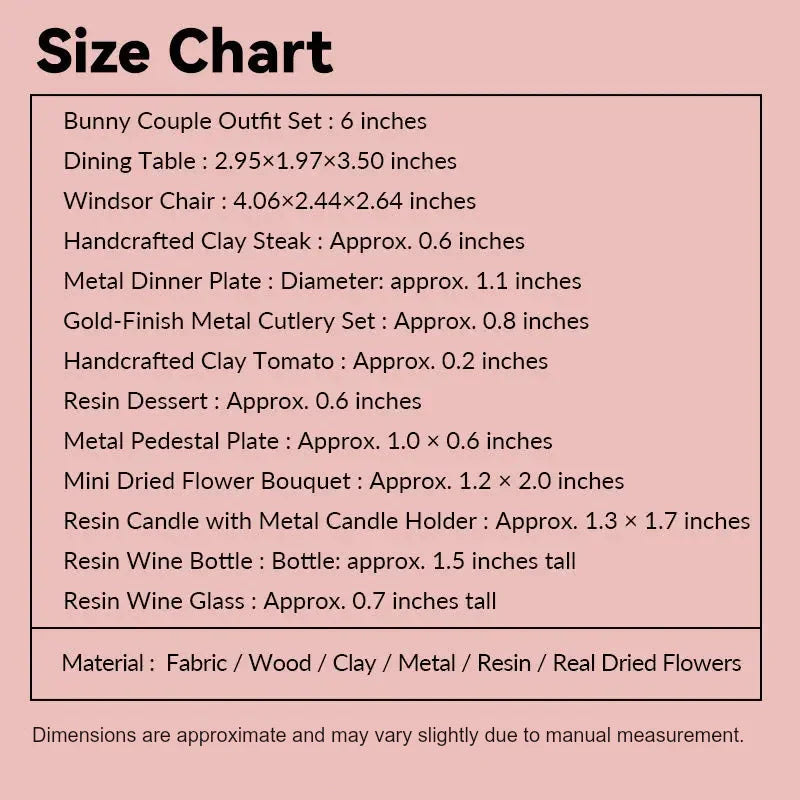 valentine dollhouse accessories size chart showing 1:12 candlelight dinner scene options