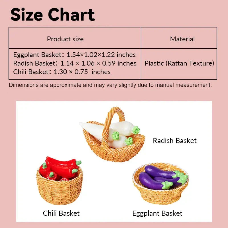 Dollhouse vegetables in three rattan-texture baskets size chart for 1:12 scale miniature kitchen scenes