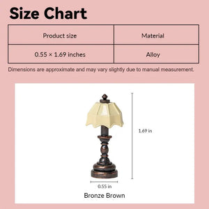 Dollhouse table lamp size chart showing vintage bronze-brown alloy style in 1:12 scale