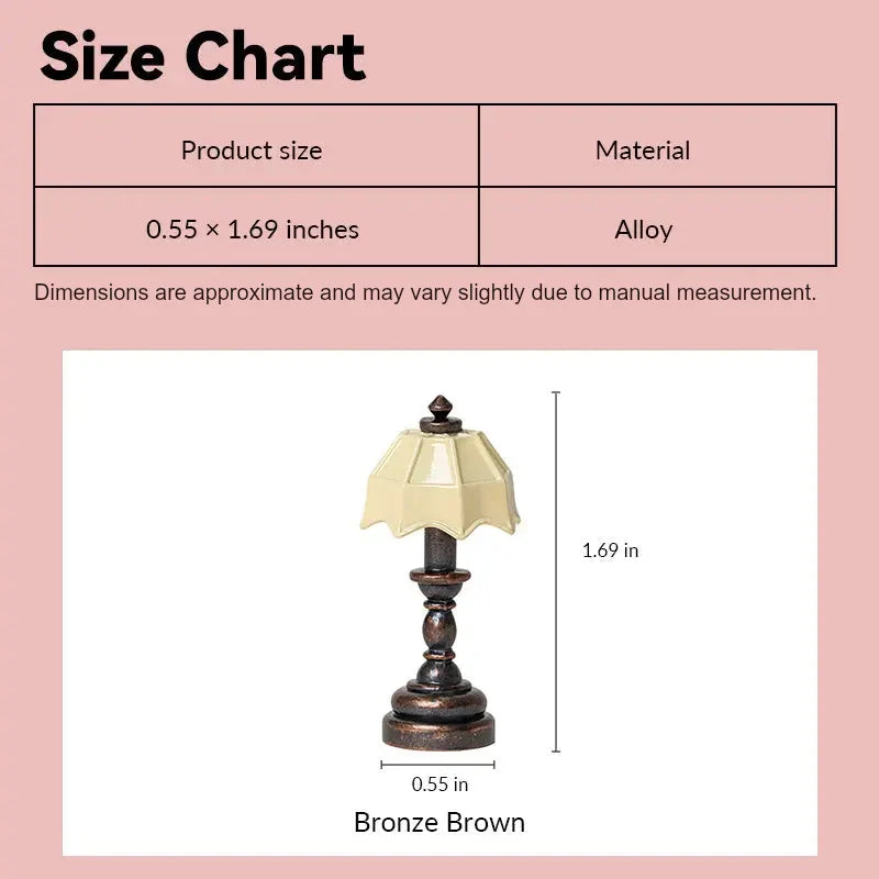 Dollhouse table lamp size chart showing vintage bronze-brown alloy style in 1:12 scale