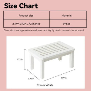 Dollhouse side table size chart showing cream white wood with slotted top in 1:12 scale