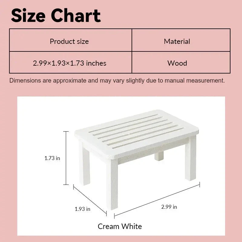 Dollhouse side table size chart showing cream white wood with slotted top in 1:12 scale