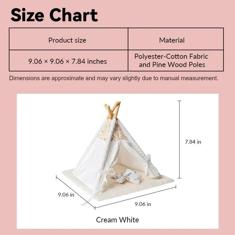 Dollhouse teepee size chart for cream white fabric tent with pine wood poles in 1:12 scale nursery scenes