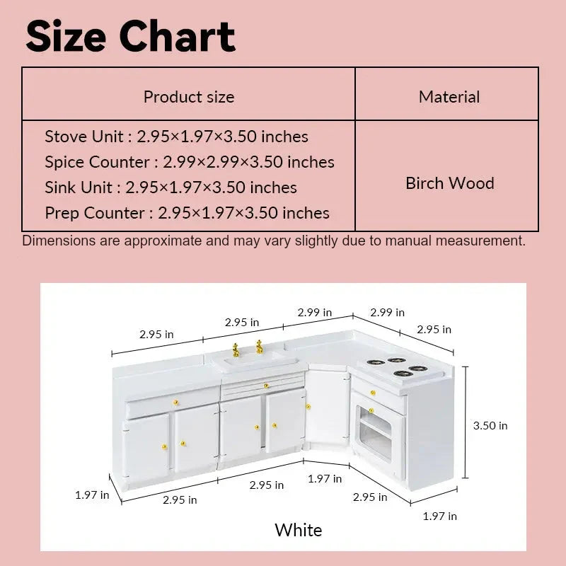 dollhouse kitchen counter size chart showing white L-shaped sink and stove in 1:12 scale