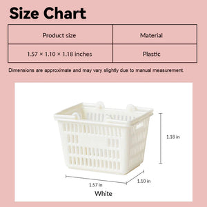 Dollhouse laundry basket size chart showing white plastic style in 1:12 scale