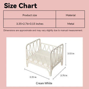 dollhouse baby crib size chart showing cream white metal design in 1:12 scale