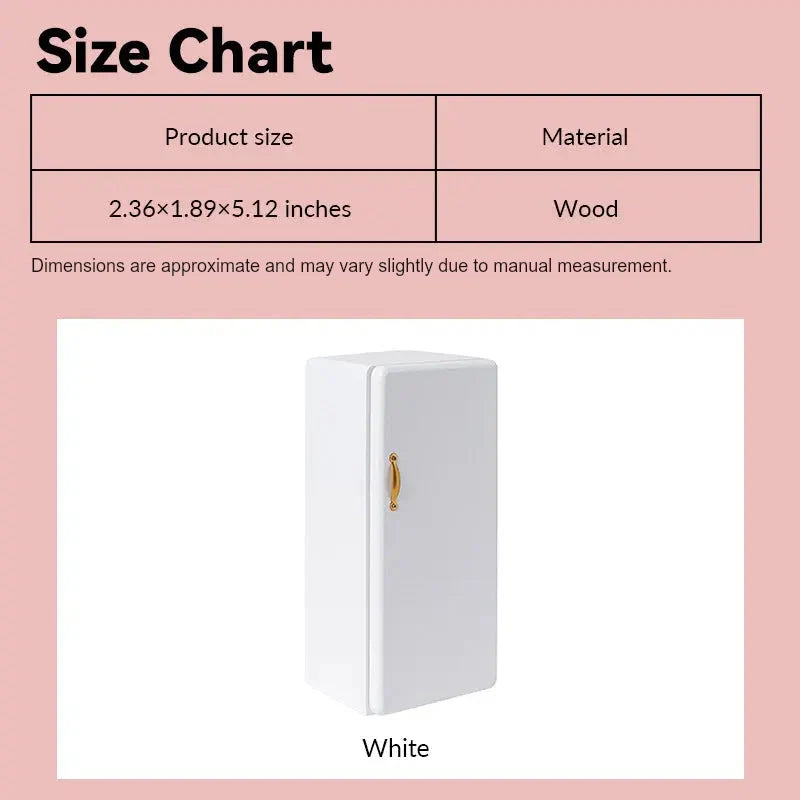 Dollhouse refrigerator size chart showing white wood design in 1:12 scale