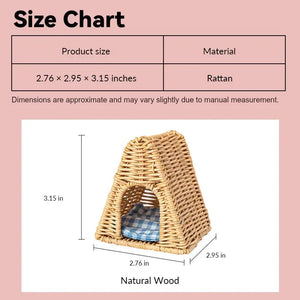 Dollhouse dog bed size chart showing natural rattan style in 1:12 scale